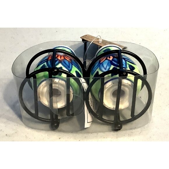 Salt and Pepper Shaker Hand Painted Iron Holder Handcrafted  India Ceramic - Picture 6 of 7